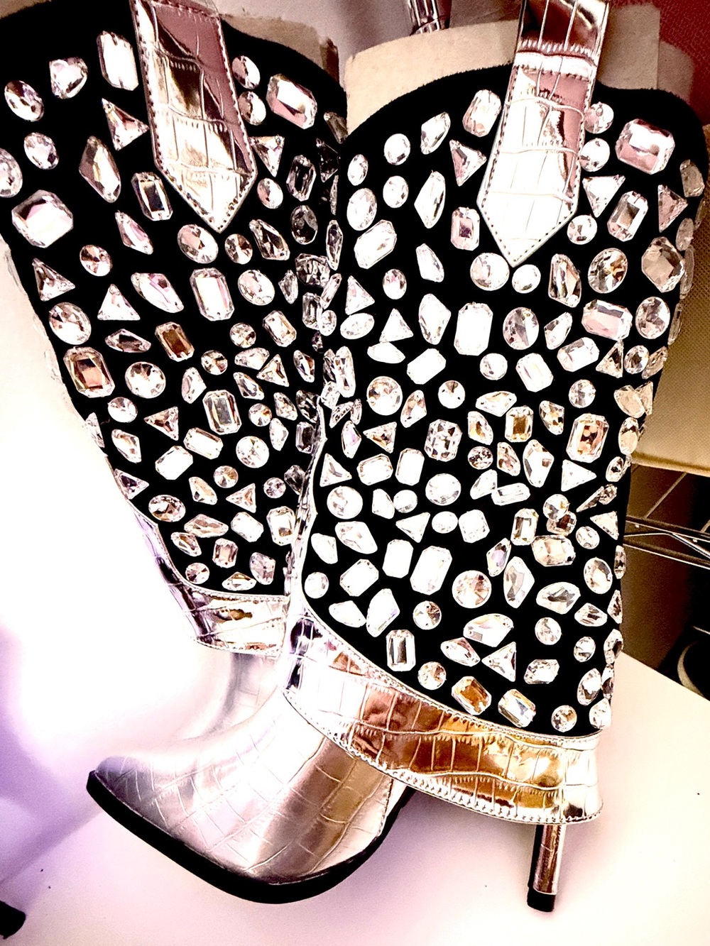 HANNA JEWELED Embellished Silver and Black Western-Style Women's Boot
